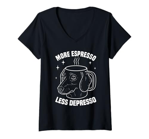 Damen More Espresso Less Depresso Dackel Kaffeeliebhaber Lustiger Hund T-Shirt mit V-Ausschnitt Damen More Espresso Less Depresso Dackel Kaffeeliebhaber Lustiger Hund T-Shirt mit V-Ausschnitt von More Espresso Less Depresso Dachshund Coffee Gifts