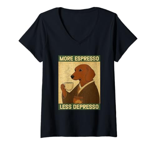 Damen More Espresso Less Depresso Dackel Kimono Japanese Art T-Shirt mit V-Ausschnitt Damen More Espresso Less Depresso Dackel Kimono Japanese Art T-Shirt mit V-Ausschnitt von More Espresso Less Depresso Dachshund Coffee Gifts