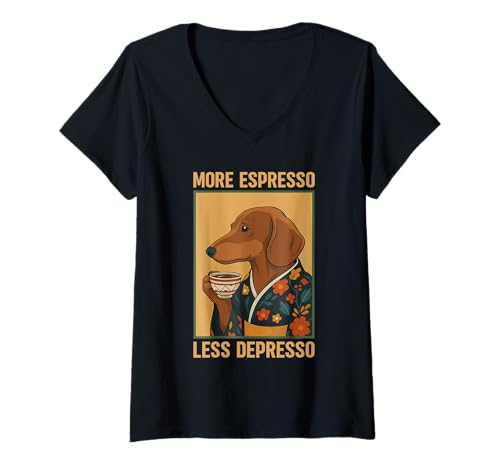 Damen More Espresso Less Depresso Dackel Kimono Japanese Art T-Shirt mit V-Ausschnitt von More Espresso Less Depresso Dachshund Coffee Gifts
