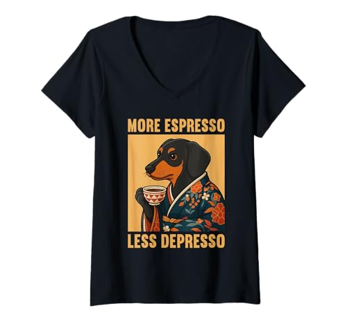 Damen More Espresso Less Depresso Dackel Kimono Japanese Art T-Shirt mit V-Ausschnitt Damen More Espresso Less Depresso Dackel Kimono Japanese Art T-Shirt mit V-Ausschnitt von More Espresso Less Depresso Dachshund Coffee Gifts