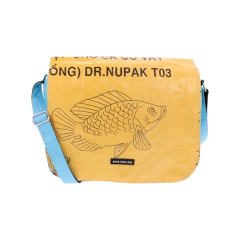 More Than Hip - Mittlere Umhängetasche aus Recycelten Tierfuttersäcken – Leicht, Wasserdicht & Fair Hergestellt - Qinisa - Qinisa Blau/Gelb-30 x 21,5 x 9 cm von More Than Hip