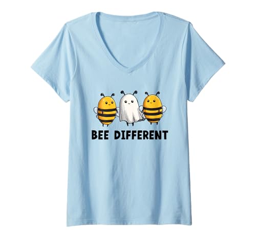 Damen Bee Different | Bee as Ghost | Beekeeping Halloween T-Shirt mit V-Ausschnitt von More funny Halloween Costume Store