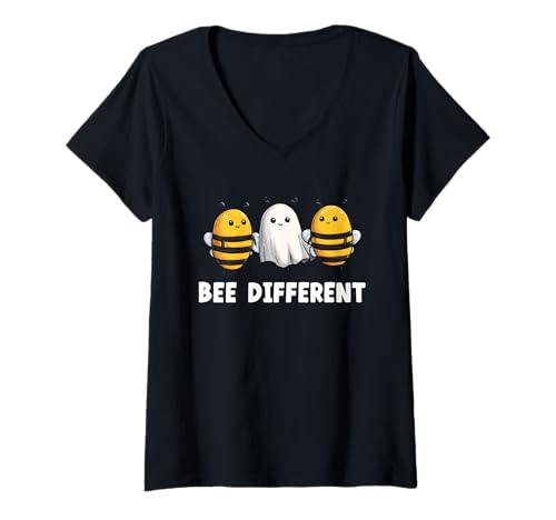 Damen Bee Different | Bee as Ghost | Beekeeping Halloween T-Shirt mit V-Ausschnitt von More funny Halloween Costume Store