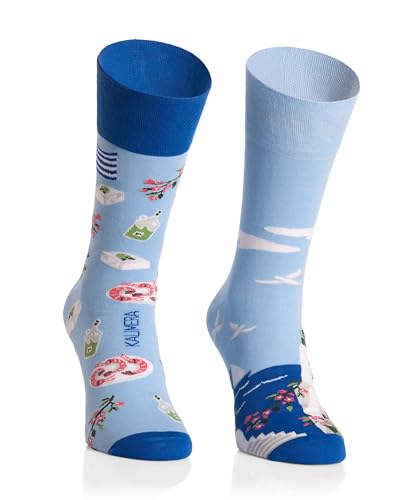 Bunte Socken Herren 44-46 - Motivsocken Mehrfarbige, Verrückte - Lustige Socken für Herren - Farbige Socken mit Motiv Santorini - Blau von More