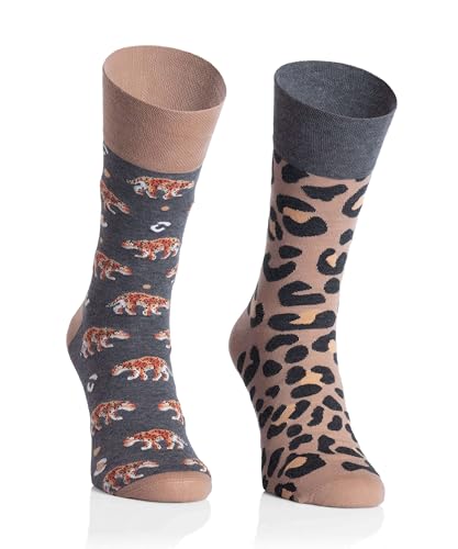 Socken Herren 41-43 Bunt - Motivsocken Mehrfarbige, Verrückte - Lustige Socken für Herren - Farbige Socken mit Motiv Panther - Beige von More