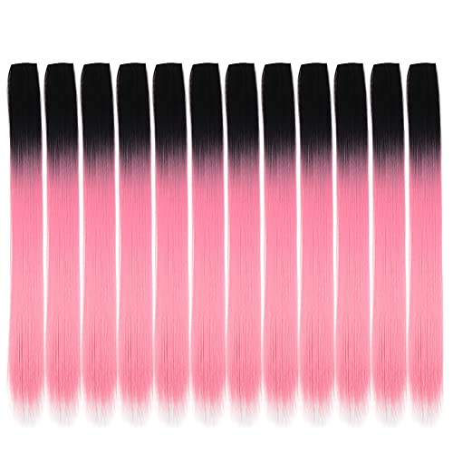 12 Stück Farbige Haarverlängerung, MoreChioce 20 Zoll Clip-in-Haarsträhnen Farbige Highlight-Haarteile Farbige Clip-in-Haarverlängerungen Bunte Haarteile für Frauen Kinder Mädchen Cosplay,Rosa #A von MoreChioce