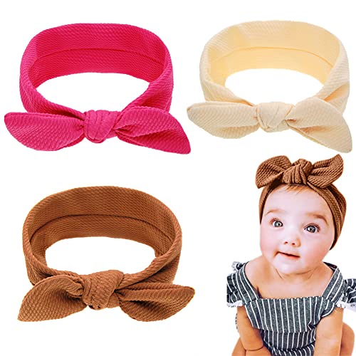 3 Stück Baby Mädchen Nylon Stirnbänder,MoreChioce Dehnbare Haarbänder Elastische Turban Geknoteter Kopfwickel Neugeborene Kleinkinder Haarband Headwrap Haarschmuck Haarschleifen,Braun+Rosa+Weiß von MoreChioce