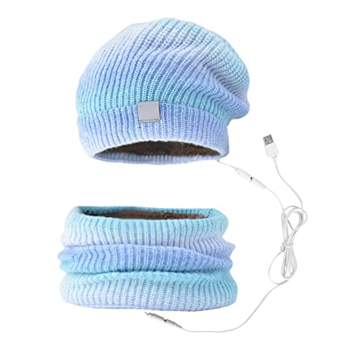 MoreChioce Beheizbare Beanie-Mütze und Nackenwärmer-Set, 2 in 1 5V Wintermütze Schal Set USB Wiederaufladbarer Elektrischer Nackenwärmer Beheizte Beanie-Mütze Strickmütze für Damen Herren,Blau von MoreChioce