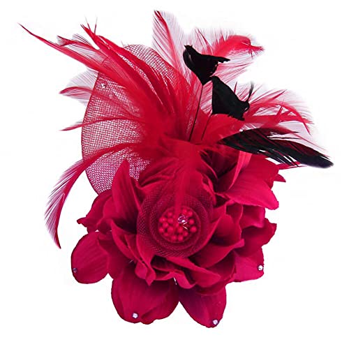 Damen Federbrosche Hutfeder, Morechioce Vintage Perlen Blume Brosche Trachtenbrosche Party Feder Schmuck Ansteckbrosche Hutfeder Elegant Haarspange Hutschmuck Kopfbedeckung Hut-Anstecker,Rot von MoreChioce