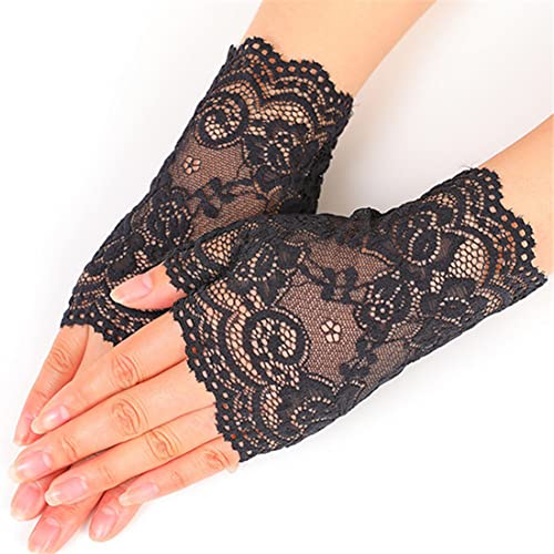 MoreChioce Damen Fingerlose Spitzen Handschuhe, 1 paar Elegant Blume Muster Fingerlos Spitze Handschuhe Half Finger Netzhandschuhe UV Schutz Fingerhandschuhe Brauthandschuh,Schwarz Lang von MoreChioce