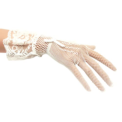 MoreChioce Damen Spitzenhandschuhe für Hochzeit, Volle Finger Kurz Brauthandschuhe Elegante Höflichkeit Sommerhandschuhe Handgelenk Netzhandschuhe Fahrhandschuhe für Damen Frauen Mädchen,Beige von MoreChioce