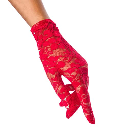 MoreChioce 1 Paar Damen Handschuhe Spitze, Hochzeitshandschuhe Kurz Spitzenhandschuhe UV Schutz Netzhandschuhe Abendhandschuhe für Hochzeit Halloween Party,Rot von MoreChioce