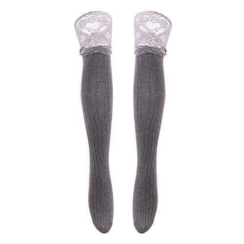 MoreChioce 1 Paar Damen Overknee Strümpfe,Baumwolle Lange Kniestrümpfe Dünn Stretchy Beinwärmer mit Spitze Overknee Socken Kniewärmer Knee High Socks,Dunkel Grau von MoreChioce