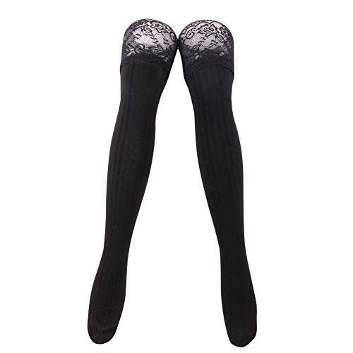 MoreChioce 1 Paar Damen Overknee Strümpfe,Baumwolle Lange Kniestrümpfe Dünn Stretchy Beinwärmer mit Spitze Overknee Socken Kniewärmer Knee High Socks,Schwarz von MoreChioce