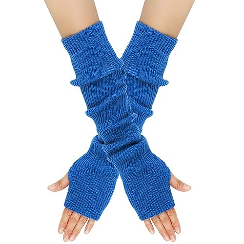 MoreChioce 1 Paar Frauen Lange Fingerlose Handschuhe, Winter Gestrickt Armstulpen Ellenbogenlange Handgelenk Pulswärmer Damen Halbfingerhandschuhe Fäustlinge Strickhandschuhe mit Daumenloch,Blau von MoreChioce