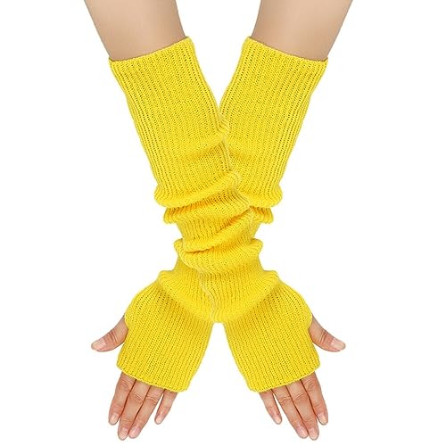 MoreChioce 1 Paar Frauen Lange Fingerlose Handschuhe, Winter Gestrickt Armstulpen Ellenbogenlange Handgelenk Pulswärmer Damen Halbfingerhandschuhe Fäustlinge Strickhandschuhe mit Daumenloch,Gelb von MoreChioce