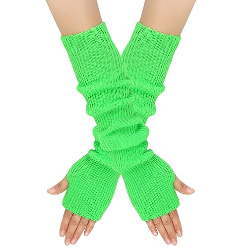 MoreChioce 1 Paar Frauen Lange Fingerlose Handschuhe, Winter Gestrickt Armstulpen Ellenbogenlange Handgelenk Pulswärmer Damen Halbfingerhandschuhe Fäustlinge Strickhandschuhe mit Daumenloch,Grün von MoreChioce