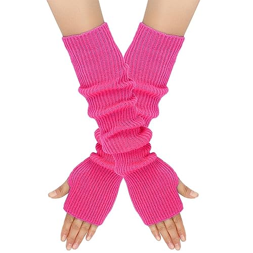 MoreChioce 1 Paar Frauen Lange Fingerlose Handschuhe, Winter Gestrickt Armstulpen Ellenbogenlange Handgelenk Pulswärmer Damen Halbfingerhandschuhe Fäustlinge Strickhandschuhe mit Daumenloch,Rosa Rot von MoreChioce