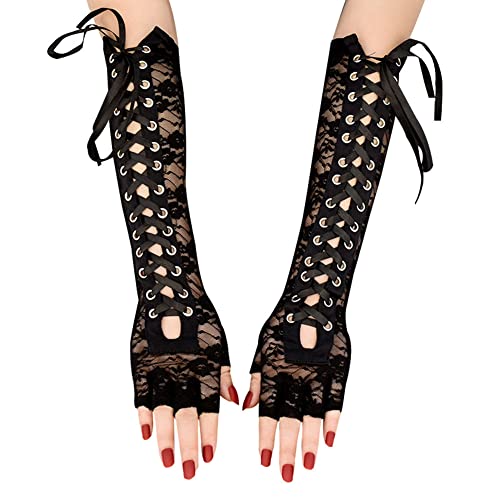 MoreChioce 1 Paar Lange Damen Spitzenhandschuhe, Blumen Brauthandschuhe Retro Punk Handschuhe Spitze Handstulpen Abendhandschuhe Party Verkleidung Netzhandschuhe Kostüm Accessoires,Schwarz von MoreChioce