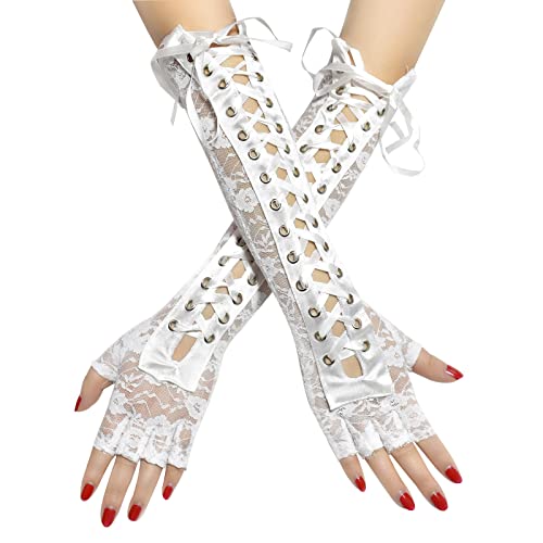 MoreChioce 1 Paar Lange Damen Spitzenhandschuhe, Blumen Brauthandschuhe Retro Punk Handschuhe Spitze Handstulpen Abendhandschuhe Party Verkleidung Netzhandschuhe Kostüm Accessoires,Weiß von MoreChioce