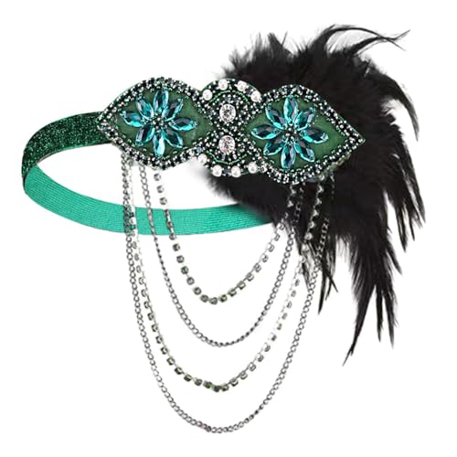 MoreChioce 1920er Jahre Feder Flapper Kopfschmuck, Vintage Feder Kopfschmuck Feder-Kristall-Stirnband Gatsby Kostüm Accessoires Haar Haarnadel Hut Clip Karneval Party Feder Haarband,Dunkel Grün von MoreChioce