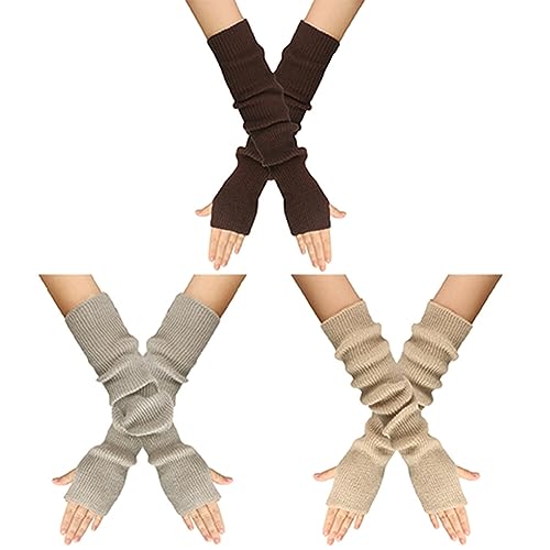 MoreChioce 3 Paar Frauen Lange Fingerlose Handschuhe, Winter Gestrickt Armstulpen Ellenbogenlange Handgelenk Pulswärmer Damen Halbfingerhandschuhe Fäustlinge Strickhandschuhe mit Daumenloch,Bunt #C von MoreChioce