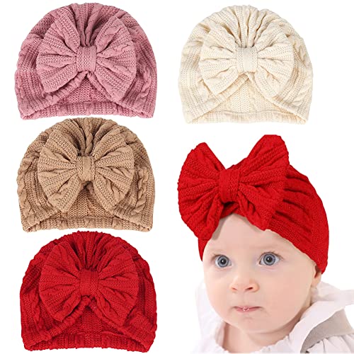 MoreChioce Baby Turban Mütze Neugeborene, 4 Stück Elastische Strickmütze Nette Kleinkind Stirnbänder mit Schleife Elastische Stretch Turban Neugeborene Mütze Stirnband Beanie Caps von MoreChioce