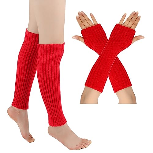 MoreChioce Beinwärmer Fingerlose Handschuhe Set, Gestrickte Wolle Winter Warme Lange Beinsocken Armwärmer Fäustlinge Handgelenkwärmer Lange Stiefelsocken Kniestrümpfe für Damen und Mädchen,Rot von MoreChioce