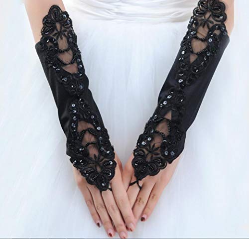 MoreChioce Damen Armstulpen Handschuhe,Vintage Brauthandschuhe 1920er Stil Spitzenhandschuhe mit Perle Strass Hochzeithandschuhe Fingerlos Handschuhe Sexy Abendkleid Lace Stulpen,Schwarz von MoreChioce