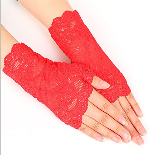 MoreChioce Damen Fingerlose Spitzen Handschuhe, 1 paar Elegant Blume Muster Kurz Fingerlos Spitze Handschuhe Half Finger Netzhandschuhe UV Schutz Fingerhandschuhe Brauthandschuh,Rot von MoreChioce