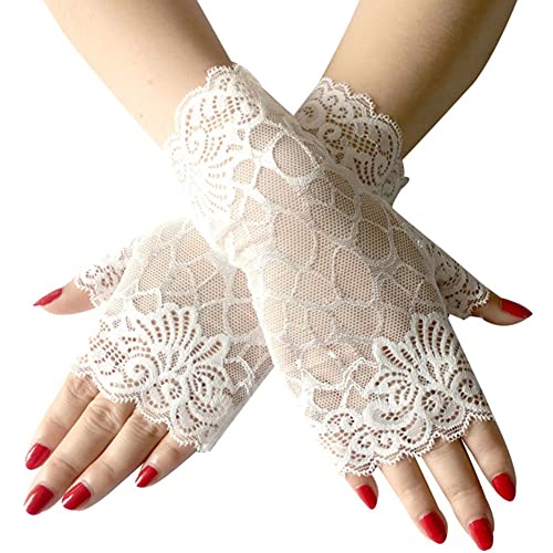 MoreChioce Damen Fingerlose Spitzen Handschuhe, 1 paar Elegant Blume Muster Kurz Fingerlos Spitze Handschuhe Half Finger Netzhandschuhe UV Schutz Fingerhandschuhe Brauthandschuh,Weiß #B von MoreChioce