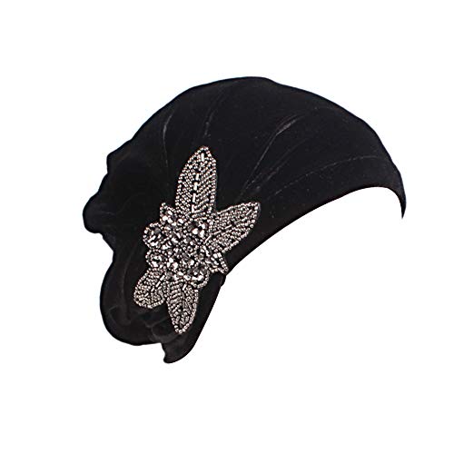 MoreChioce Damen Kopftuch Bandana,Retro Blume Glitzer Turban Baumwolle Kopftücher Hijab Haarverlust Kopfbedeckung Elastische Sommerhut,Schwarz Blätter von MoreChioce