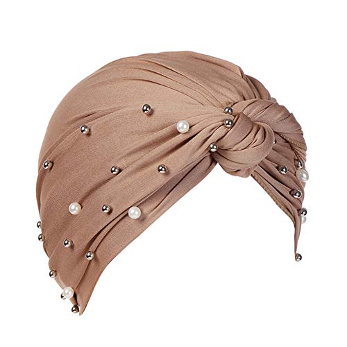 MoreChioce Damen Mode Kopftuch,Muslime Baumwolle Turban mit Perle Chemo Kopfbedeckung Frauen Headscarf Indische Schals Hijab Kopf Wraps Elastische Bonnet Cap,Braun Diamant von MoreChioce