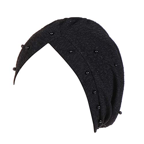 MoreChioce Damen Mode Kopftuch,Muslime Baumwolle Turban mit Perle Chemo Kopfbedeckung Frauen Headscarf Indische Schals Hijab Kopf Wraps Elastische Bonnet Cap,Schwarz Strass von MoreChioce