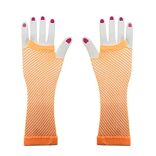 MoreChioce Damen Netz Handschuhe,Frauen Lange Fingerlose Netzhandschuhe Handstulpen für Party Fasching und Show Kostüme,Orange von MoreChioce