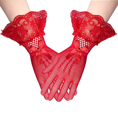 MoreChioce Damen Sommer Spitzen Kurz Handschuhe,Frauen Lace Brauthandschuhe Gothic Armstulpen Spitzenhandschuhe Treibende Handschuhe Classic Opera Handschuhe Satin Abendkleid Zubehör,Rot Spitze von MoreChioce