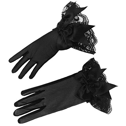 MoreChioce Damen Sommer Spitzen Kurz Handschuhe,Frauen Lace Brauthandschuhe Gothic Armstulpen Spitzenhandschuhe Treibende Handschuhe Classic Opera Handschuhe Satin Abendkleid Zubehör,Schwarz Bow von MoreChioce