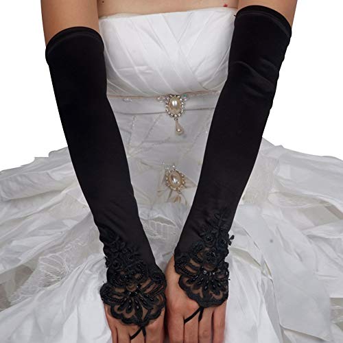 MoreChioce Damen Spitze Handschuhe,Hochzeit Braut Handschuhe Strass Armstulpen Frauen Lange Handschuhe Elastisch Lace Hochzeithandschuhe Hochzeit Party Abend Handschuhe,Schwarz von MoreChioce