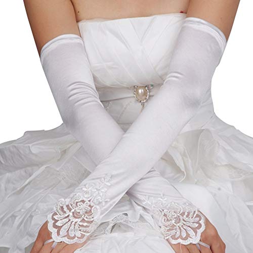 MoreChioce Damen Spitze Handschuhe,Hochzeit Braut Handschuhe Strass Armstulpen Frauen Lange Handschuhe Elastisch Lace Hochzeithandschuhe Hochzeit Party Abend Handschuhe,Weiß Spitze von MoreChioce