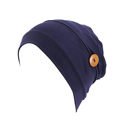 MoreChioce Damen Turban Hut mit Knopf,Frauen Muslimische Kopftuch Elastische Baumwolle Headwrap Chemo Kopfbedeckung Elegant Headscarf Sommerhut Beanie Mütze,Marine von MoreChioce