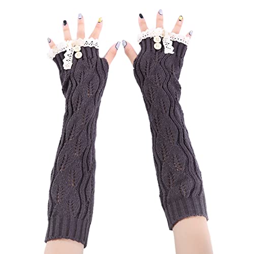 MoreChioce Fingerlose Handschuhe für Frauen, Gestrickte Lange Armstulpen Handschuhe Winterwärmer Handgelenk Fingerlose Handschuhe Pulswärmer mit Spitzenknopf Daumenloch,Dunkelgrau von MoreChioce