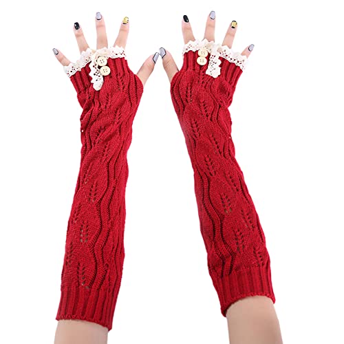 MoreChioce Fingerlose Handschuhe für Frauen, Gestrickte Lange Armstulpen Handschuhe Winterwärmer Handgelenk Fingerlose Handschuhe Pulswärmer mit Spitzenknopf Daumenloch,Rot von MoreChioce