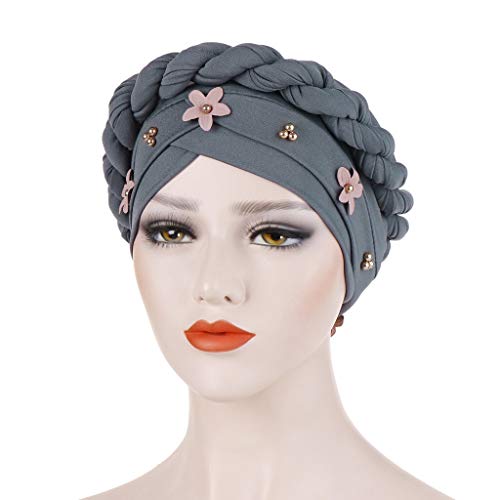 MoreChioce Frauen Baumwolle Turban Hut,Elegante Elastische Stirnband Chemo Kopftücher Bandana Kopfbedeckung Haarschmuck mit Grau Perlen von MoreChioce