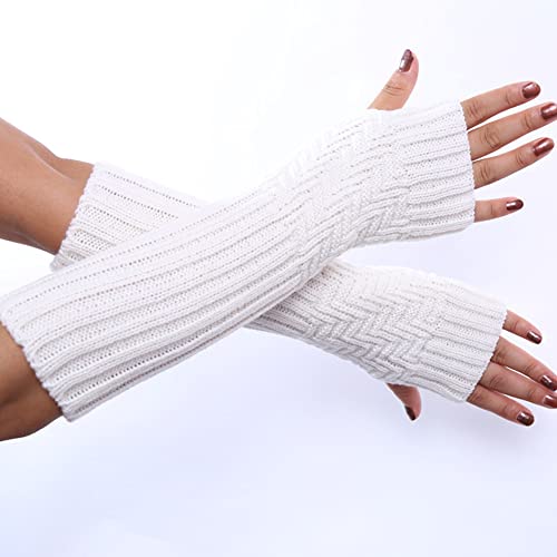 MoreChioce Gestrickte Armstulpen Handschuhe, 1 Paar Frauen Warme Fingerlose Handschuhe Damen Winter Halb Handschuhe Herbst Winter Daumen Ellenbogen Länge Armstulpen für Frauen Mädchen Lady,Weiß von MoreChioce