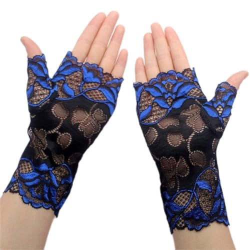 MoreChioce Kurz Spitzenhandschuhe, 1 Paar Damen Spitzenhandschuhe Elegante Blumenspitze Handschuhe Sommer Outdoor Handschuhe Fingerlose Sonnenschutz Handschuhe für Hochzeitsfeier Kostüme,Blau von MoreChioce