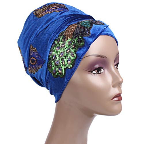 MoreChioce Muslimische Kopftuch,Damen Samt Turban Afrikanischen Kopfschmuck Paillette Pfau Feder Muster Kopfbedeckung Winter Hut Frauen Kopf Wraps Elastische Bonnet Hijab Headwrap,Königsblau von MoreChioce