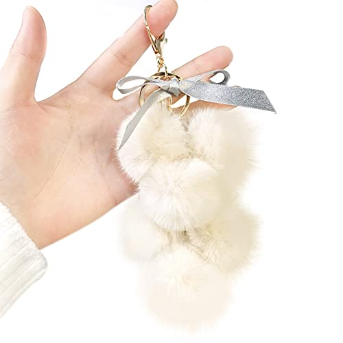 MoreChioce Plüsch Schlüsselanhänger, Kreativ Pom Pom Schlüsselbund Süß Schlüsselring Auto Schlüsselhalter Kunstpelzball Autoschlüssel Organizer Handtasche Charms,Beige von MoreChioce