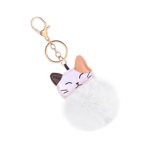 MoreChioce Pom Pom Schlüsselanhänger, Katze Bommel Schlüsselbund Anhänger Taschenanhänger Süß Plüsch Ball Schlüsselringe Mädchen Rucksack Charms Kofferanhänger Dekoration Zubehör,Weiß von MoreChioce