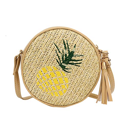 MoreChioce Stroh Crossbody Tasche,Damen Strandtasche Sommer Runde Handtasche Böhmen Stroh Handtasche Retro Schulterbeutel,Ananas von MoreChioce