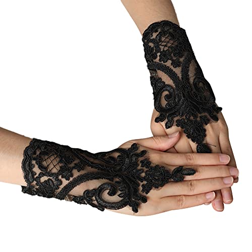 MoreChioce Vintage Spitze Hochzeitshandschuhe, Damen Brauthandschuhe Kurz Spitzenhandschuhe Fingerlose Handschuhe Blumenmuster Braut Handschuhe Halbhandschuhe für Hochzeiten Party,Schwarz von MoreChioce